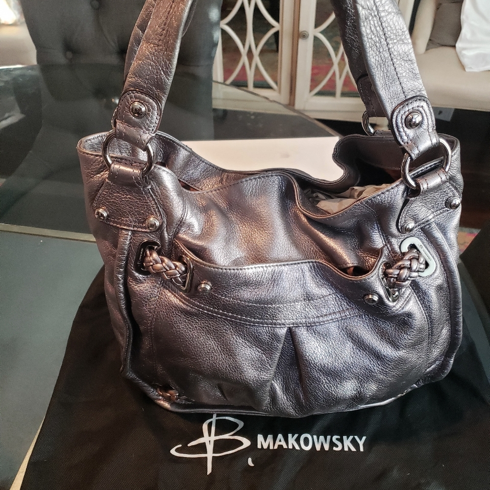 B Makowsky Pewter Leather Handbag